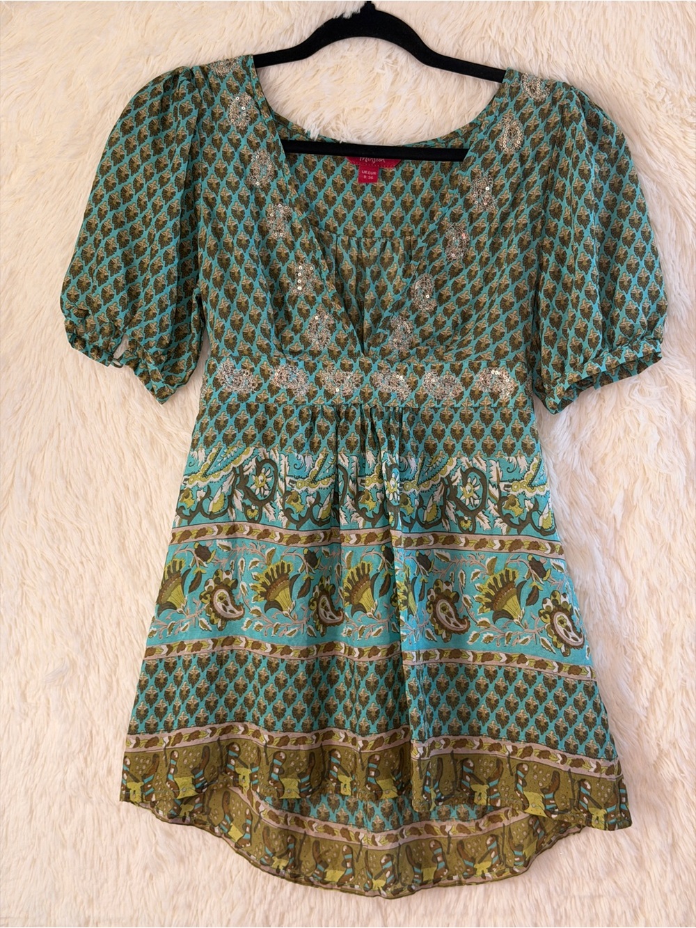 Monsoon Womens Boho Silk Babydoll Tunic Top 8 Blue Paisley Sequins Fairycore